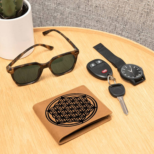 Personalized Flower of Life Sacred Geometry Leather Wallet Valentine gift for boyfriend,custom  leather wallet gift for Dad Flower of Life