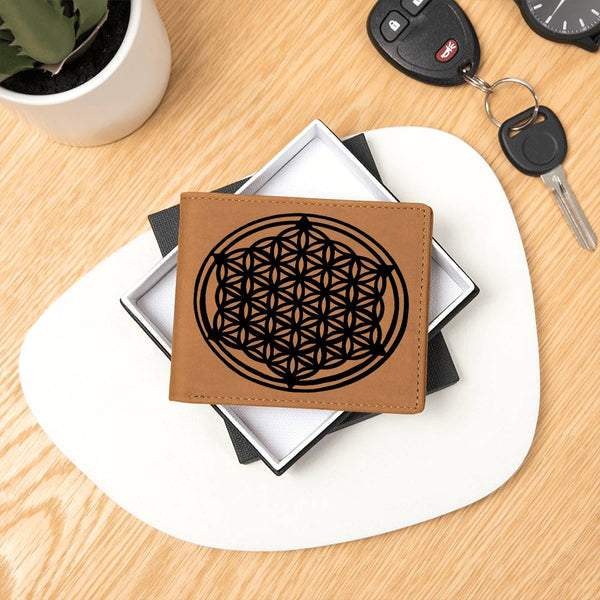 Personalized Flower of Life Sacred Geometry Leather Wallet Valentine gift for boyfriend,custom  leather wallet gift for Dad Flower of Life