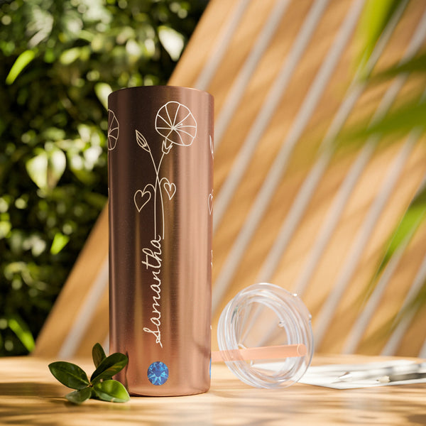 Personalized skinny tumbler glitter col BirthFlower Birthstone with Name Gift for Her HIM Valentine New Year Baby Shower Birthday Bridesmaid- Tumbler Mug Water Bottle-Tumblers & Water Glasses