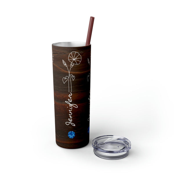 Personalized Skinny Tumbler Wood Look Birthflower Birthstone+Name 20oz vacation beach tumbler Gift for Valentine housewarming birthday- Tumbler Mug Water Bottle-Tumblers & Water Glasses