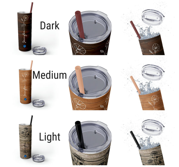 Personalized Skinny Tumbler Wood Look Birthflower Birthstone+Name 20oz vacation beach tumbler Gift for Valentine housewarming birthday- Tumbler Mug Water Bottle-Tumblers & Water Glasses