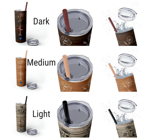 Personalized Skinny Tumbler Wood Look Birthflower Birthstone+Name 20oz vacation beach tumbler Gift for Valentine housewarming birthday- Tumbler Mug Water Bottle-Tumblers & Water Glasses