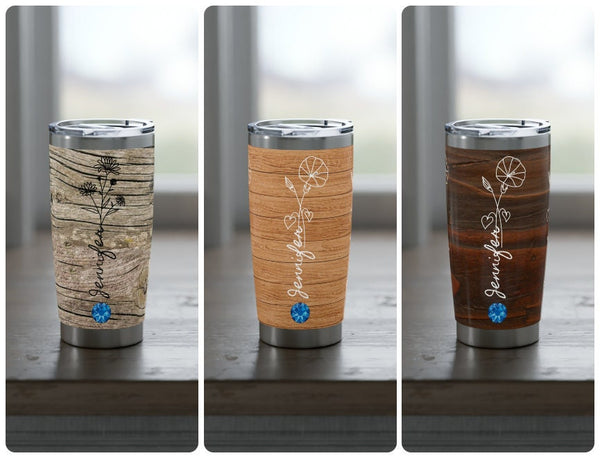 Personalized Wood look Tumbler BirthFlower Birthstone+Name Gift for Her HIM Christmas New Year Baby Shower Birthday Bridesmaid job promotion- Tumbler Mug Water Bottle-Tumblers & Water Glasses