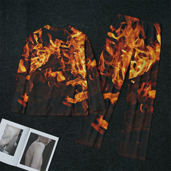 S-5XL 2PC Pajamas Raglan Sleeve CREWNECK Wide Ankles fire flames Retro Halloween Partywear hen party honeymoon bridal birthday PAJAMA gift- Sleepwear Swimwear Robes-Pajamas & Robes
