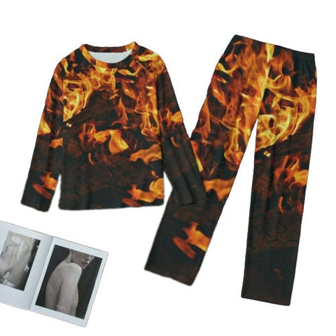 S-5XL 2PC Pajamas Raglan Sleeve CREWNECK Wide Ankles fire flames Retro Halloween Partywear hen party honeymoon bridal birthday PAJAMA gift- Sleepwear Swimwear Robes-Pajamas & Robes