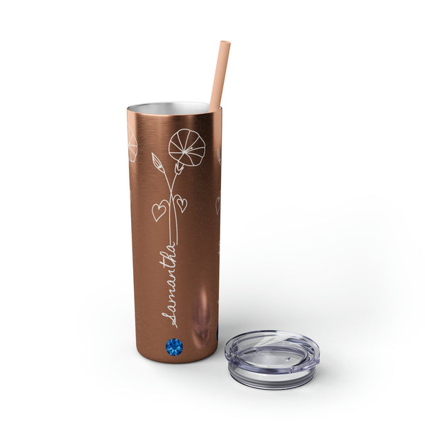 Personalized skinny tumbler glitter col BirthFlower Birthstone with Name Gift for Her HIM Valentine New Year Baby Shower Birthday Bridesmaid- Tumbler Mug Water Bottle-Tumblers & Water Glasses