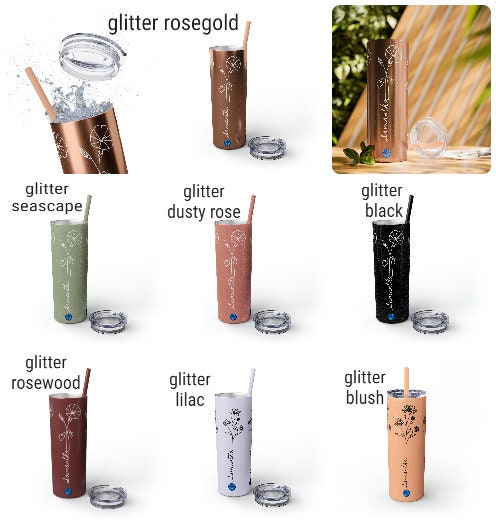 Personalized skinny tumbler glitter col BirthFlower Birthstone with Name Gift for Her HIM Valentine New Year Baby Shower Birthday Bridesmaid- Tumbler Mug Water Bottle-Tumblers & Water Glasses