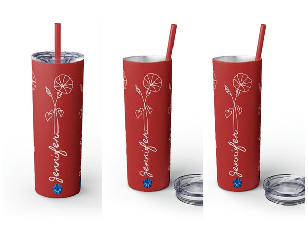 Personalized skinny tumbler glitter col BirthFlower Birthstone with Name Gift for Her HIM Valentine New Year Baby Shower Birthday Bridesmaid- Tumbler Mug Water Bottle-Tumblers & Water Glasses