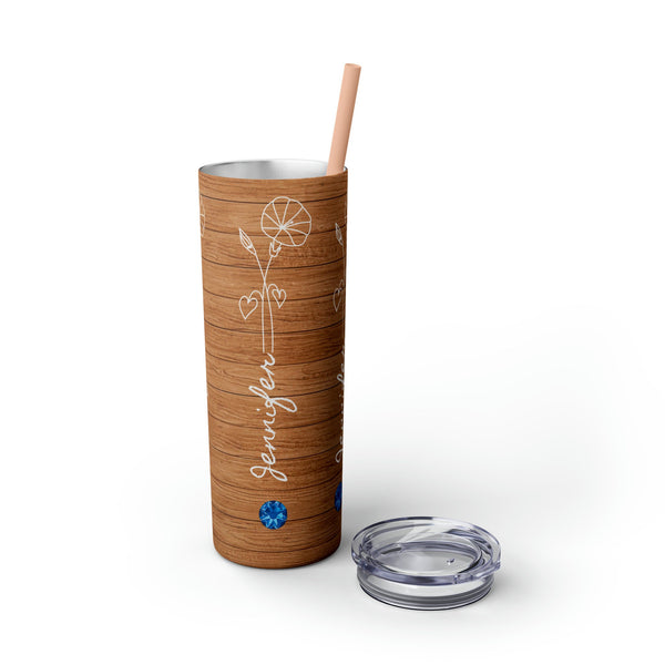 Personalized Skinny Tumbler Wood Look Birthflower Birthstone+Name 20oz vacation beach tumbler Gift for Valentine housewarming birthday- Tumbler Mug Water Bottle-Tumblers & Water Glasses