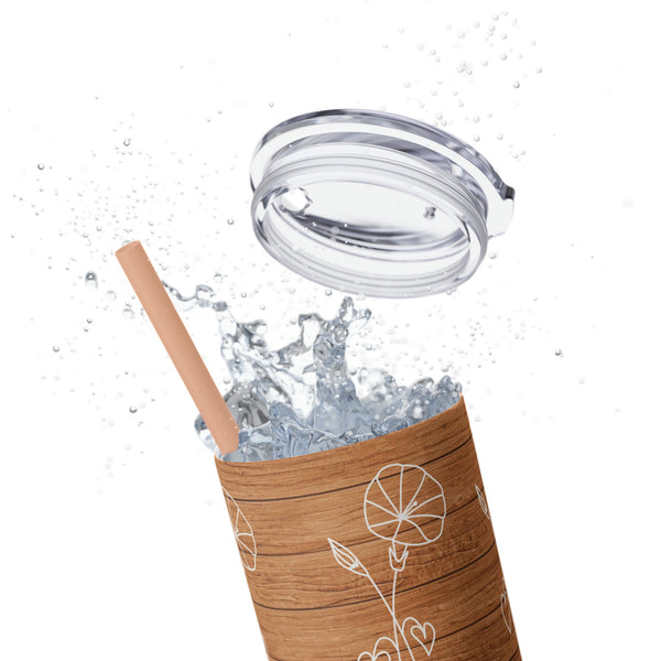 Personalized Skinny Tumbler Wood Look Birthflower Birthstone+Name 20oz vacation beach tumbler Gift for Valentine housewarming birthday- Tumbler Mug Water Bottle-Tumblers & Water Glasses