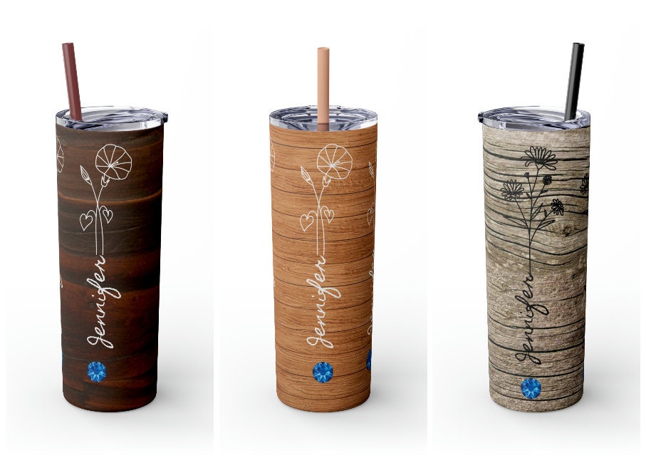 Personalized Skinny Tumbler Wood Look Birthflower Birthstone+Name 20oz vacation beach tumbler Gift for Valentine housewarming birthday- Tumbler Mug Water Bottle-Tumblers & Water Glasses