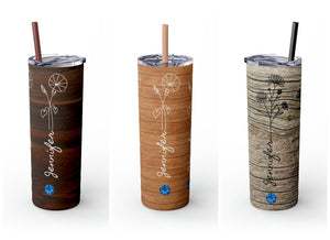 Personalized Skinny Tumbler Wood Look Birthflower Birthstone+Name 20oz vacation beach tumbler Gift for Valentine housewarming birthday- Tumbler Mug Water Bottle-Tumblers & Water Glasses