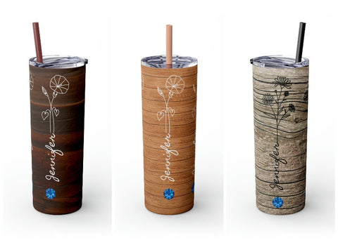 Personalized Skinny Tumbler Wood Look Birthflower Birthstone+Name 20oz vacation beach tumbler Gift for Valentine housewarming birthday- Tumbler Mug Water Bottle-Tumblers & Water Glasses