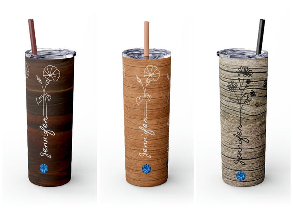 Personalized Skinny Tumbler Wood Look Birthflower Birthstone+Name 20oz vacation beach tumbler Gift for Valentine housewarming birthday- Tumbler Mug Water Bottle-Tumblers & Water Glasses