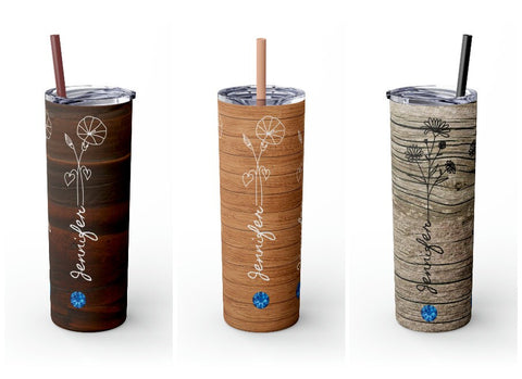 Personalized Skinny Tumbler Wood Look Birthflower Birthstone+Name 20oz vacation beach tumbler Gift for Valentine housewarming birthday- Tumbler Mug Water Bottle-Tumblers & Water Glasses