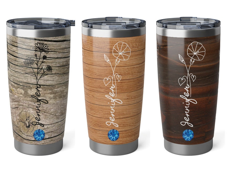 Personalized Wood look Tumbler BirthFlower Birthstone+Name Gift for Her HIM Christmas New Year Baby Shower Birthday Bridesmaid job promotion- Tumbler Mug Water Bottle-Tumblers & Water Glasses
