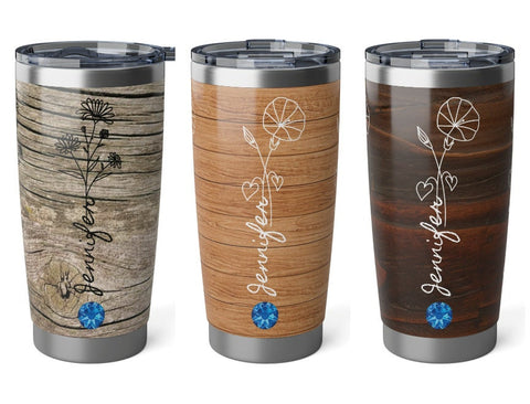 Personalized Wood look Tumbler BirthFlower Birthstone+Name Gift for Her HIM Christmas New Year Baby Shower Birthday Bridesmaid job promotion- Tumbler Mug Water Bottle-Tumblers & Water Glasses