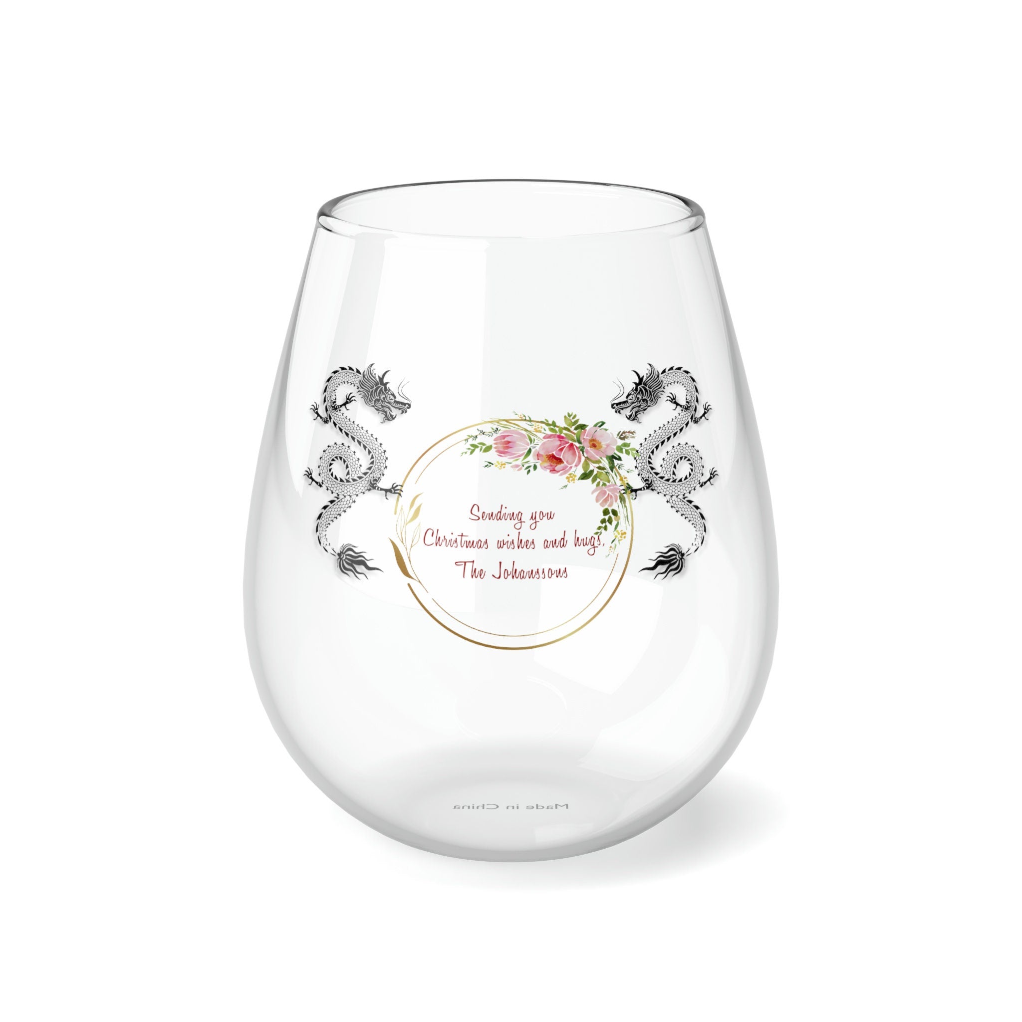 Personalized Dragon Wine Glass Name ,custom wine glass, red black dragon monogram wreath 2024 Dragon lunar new year gift- Tumbler Mug Water Bottle-Wine Glasses & Charms