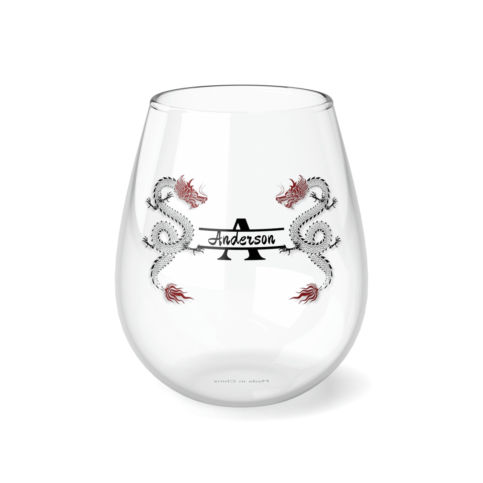 Personalized Dragon Wine Glass Name ,custom wine glass, red black dragon monogram wreath 2024 Dragon lunar new year gift- Tumbler Mug Water Bottle-Wine Glasses & Charms