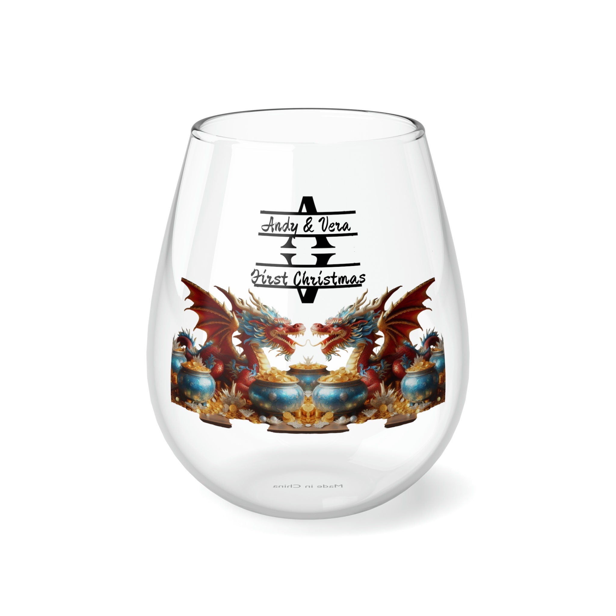 Personalized Double Name Dragon Wine Glass,newlywed gift custom glass,monogram 2024 Dragon lunar new year custom glass gift for christmas- Tumbler Mug Water Bottle-Wine Glasses & Charms