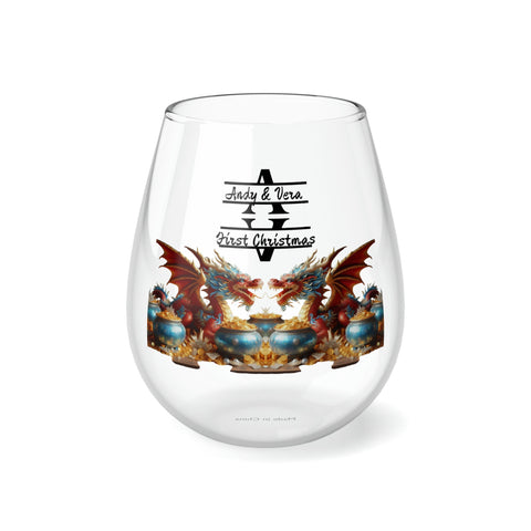Personalized Double Name Dragon Wine Glass,newlywed gift custom glass,monogram 2024 Dragon lunar new year custom glass gift for christmas- Tumbler Mug Water Bottle-Wine Glasses & Charms