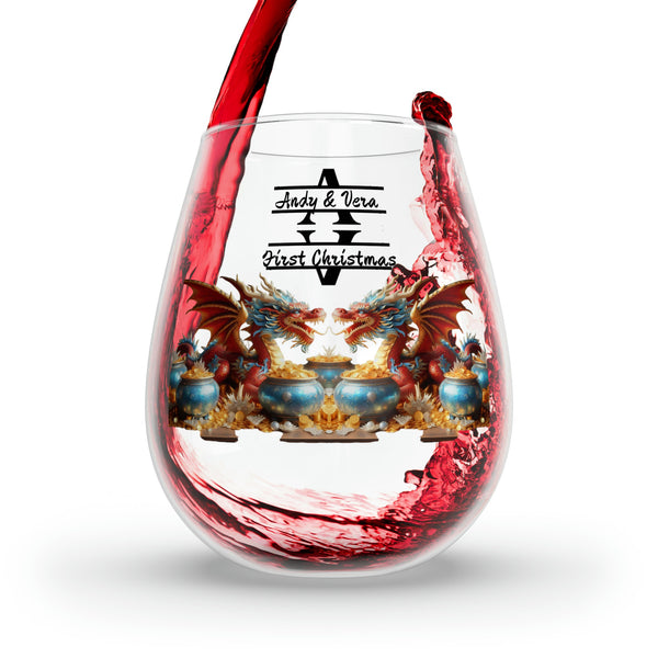 Personalized Double Name Dragon Wine Glass,newlywed gift custom glass,monogram 2024 Dragon lunar new year custom glass gift for christmas- Tumbler Mug Water Bottle-Wine Glasses & Charms