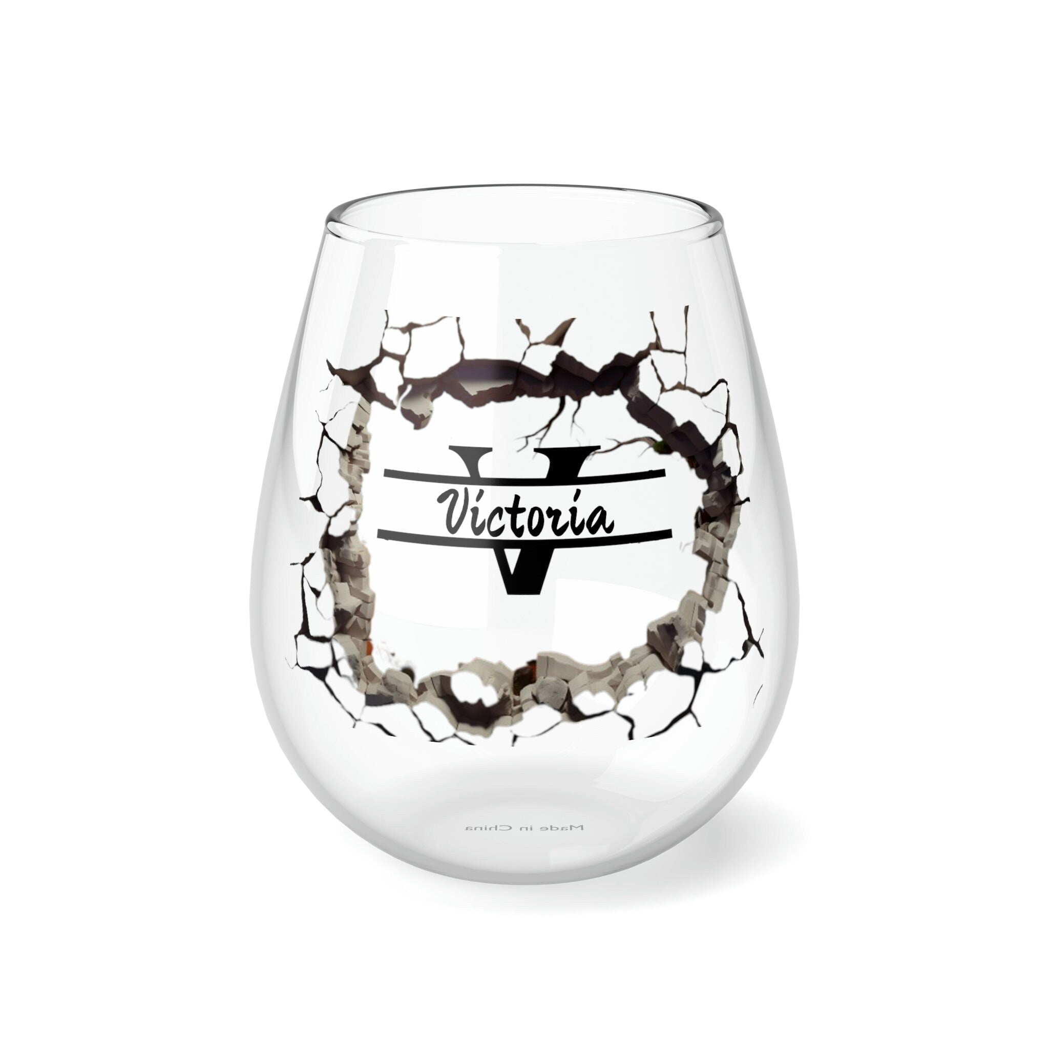 Personalized Name Cracked Wall Wine Glass monogram wreath,custom name glass gift for bridesmaid wedding christmas baby christening new job- Tumbler Mug Water Bottle-Wine Glasses & Charms