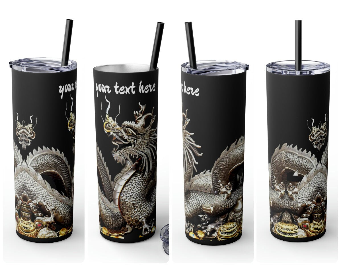 Personalized Silver Black Dragon Skinny Tumbler S-steel 20oz vacation beach tumbler Gift for Valentine Galentine Day housewarming birthday- Tumbler Mug Water Bottle-Tumblers & Water Glasses