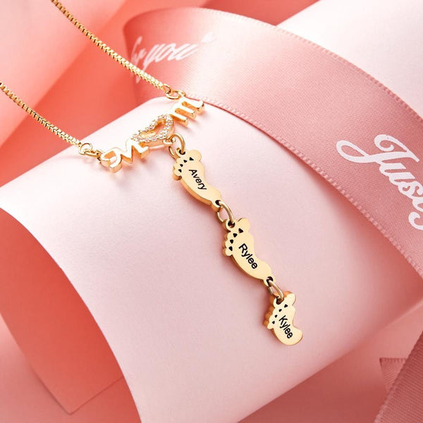Personalised Name footprints pendant Necklace Family Feet Mother's Day Birthday Anniversary Gifts for wife Mom grandmother's garden jewelry- Custom & Braille Jewelry-Pendants
