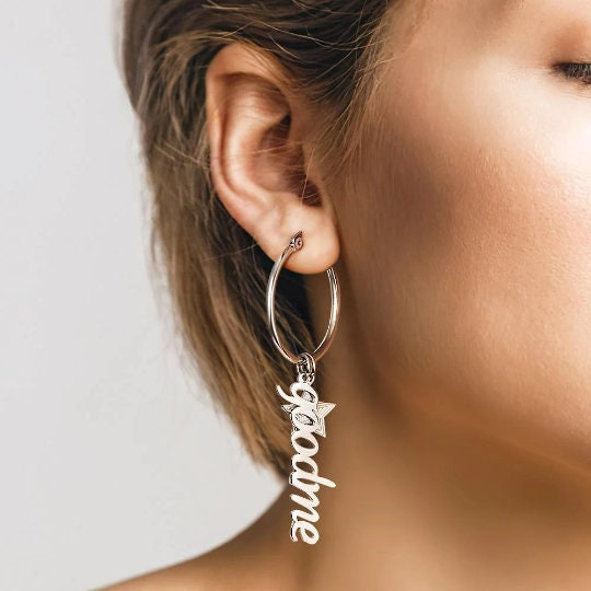 Personalised Name Star charm Hoop Earrings Mothers day birthday anniversary gift for wife mom sister daughter bridesmaid baby shower gift- Custom & Braille Jewelry-Hoop Earrings