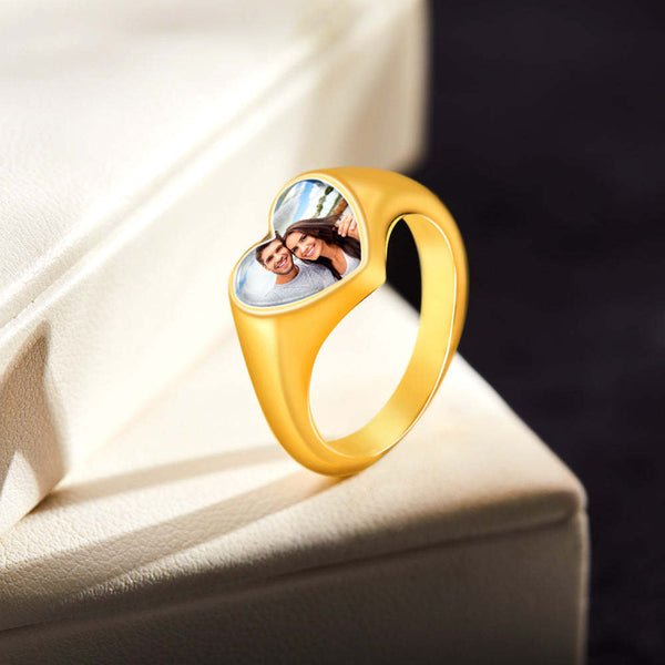 Personalized Photo Heart-shaped Ring Birthday Anniversary Engagement Mother's Day Gift for wife fiancee daughter mom grandmother retirement- Custom & Braille Jewelry-Statement Rings