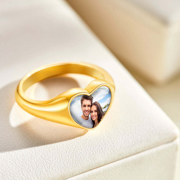 Personalized Photo Heart-shaped Ring Birthday Anniversary Engagement Mother's Day Gift for wife fiancee daughter mom grandmother retirement- Custom & Braille Jewelry-Statement Rings