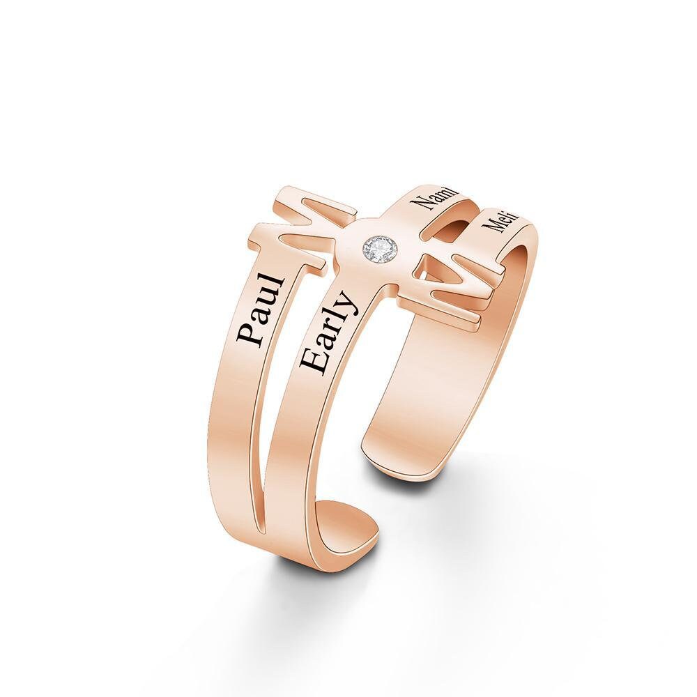 Personalised Four Names Mom Open Ring Birthday Mothers day Anniversary Gift for Mom Wife Daughter sister Grandmothers gardenmom family ring- Custom & Braille Jewelry-Statement Rings