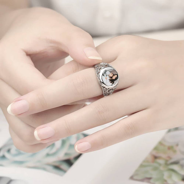 Personalised Photo Ring Round Birthday Anniversary Mother's Day Gifts to wife mom grandmother sister graduation daughter baby shower gift- Custom & Braille Jewelry-Statement Rings
