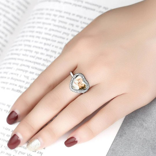 Personalised Photo Ring Heart Birthday Anniversary Mother's Day Gifts to wife mom grandmother sister graduation daughter baby shower gift- Custom & Braille Jewelry-Statement Rings