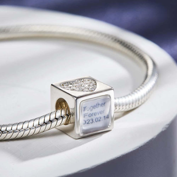 Personalised Photo Engraved Charm Cube with Diamant Heart Birthday Gifts for bridesmaid wife fiancee girlfriend best friend mothers day- Custom & Braille Jewelry-Charms
