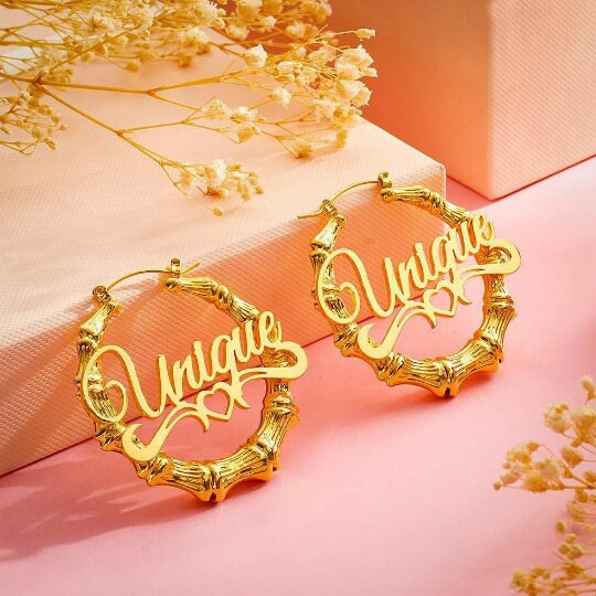 Personalised Name Bamboo Hoop Earrings Mothers day birthday anniversary gift for wife mom sister daughter bridesmaid baby shower graduation- Custom & Braille Jewelry-Dangle & Drop Earrings