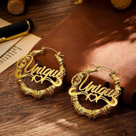 Personalised Name Bamboo Hoop Earrings Mothers day birthday anniversary gift for wife mom sister daughter bridesmaid baby shower graduation- Custom & Braille Jewelry-Dangle & Drop Earrings