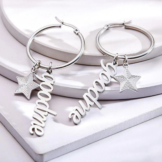 Personalised Name Star charm Hoop Earrings Mothers day birthday anniversary gift for wife mom sister daughter bridesmaid baby shower gift- Custom & Braille Jewelry-Hoop Earrings