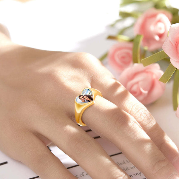 Personalized Photo Heart-shaped Ring Birthday Anniversary Engagement Mother's Day Gift for wife fiancee daughter mom grandmother retirement- Custom & Braille Jewelry-Statement Rings