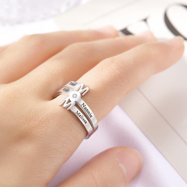 Personalised Four Names Mom Open Ring Birthday Mothers day Anniversary Gift for Mom Wife Daughter sister Grandmothers gardenmom family ring- Custom & Braille Jewelry-Statement Rings
