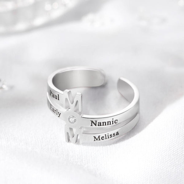 Personalised Four Names Mom Open Ring Birthday Mothers day Anniversary Gift for Mom Wife Daughter sister Grandmothers gardenmom family ring- Custom & Braille Jewelry-Statement Rings