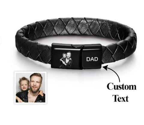 Personalised Bracelet Unisex Photo Engraved Leatherl Bracelet Gift for Dad Husband Grandad Brother Godfather Uncle Father's Day Christmas- Custom & Braille Jewelry-Bracelets