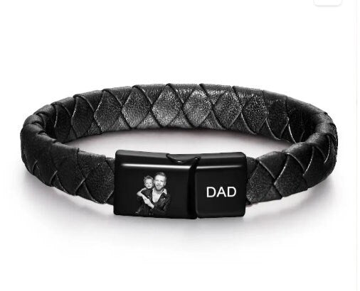 Personalised Bracelet Unisex Photo Engraved Leatherl Bracelet Gift for Dad Husband Grandad Brother Godfather Uncle Father's Day Christmas- Custom & Braille Jewelry-Bracelets
