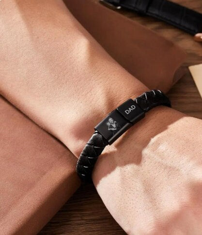 Personalised Bracelet Unisex Photo Engraved Leatherl Bracelet Gift for Dad Husband Grandad Brother Godfather Uncle Father's Day Christmas- Custom & Braille Jewelry-Bracelets