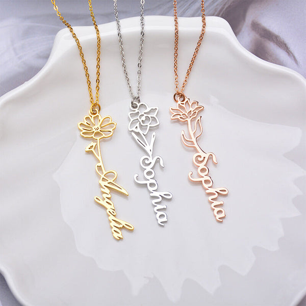 Custom Birthflower Name Necklace Gift for Her,Mother's Day Gift,Anniversary Gift,Bridal Shower Gift,New Baby Mom Gift