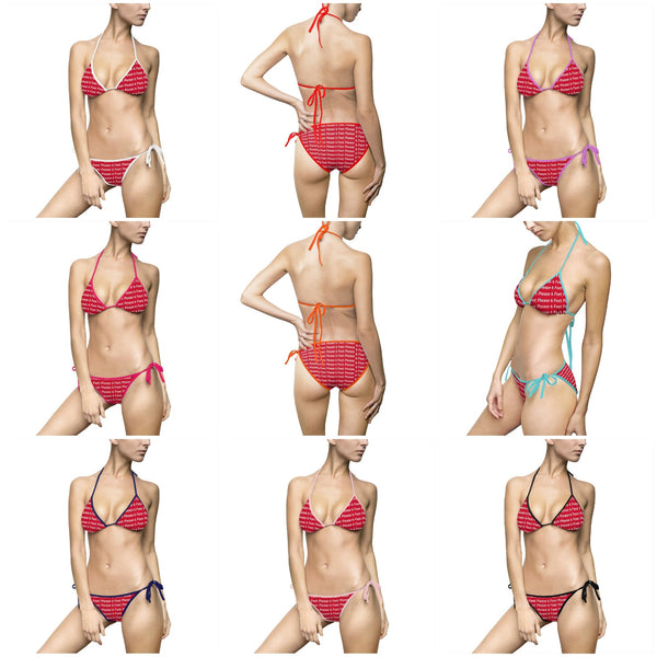 All Over Print, 6 Feet Please  2 piece bikini women&#39;s swimsuit in various colors and sizes.