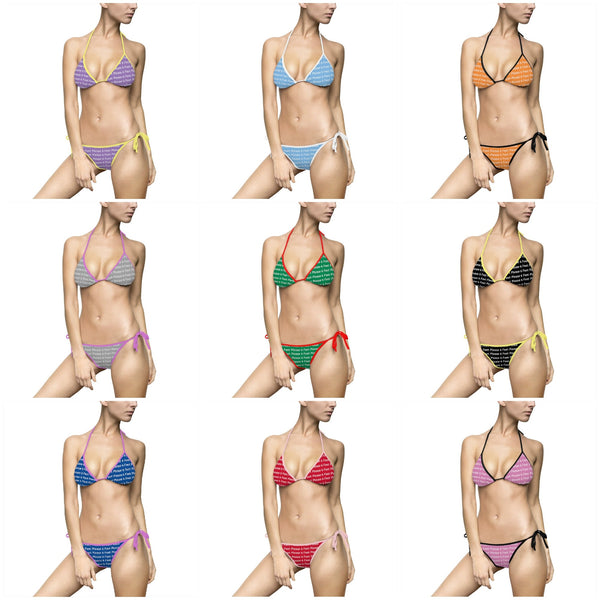 All Over Print, 6 Feet Please  2 piece bikini women&#39;s swimsuit in various colors and sizes.