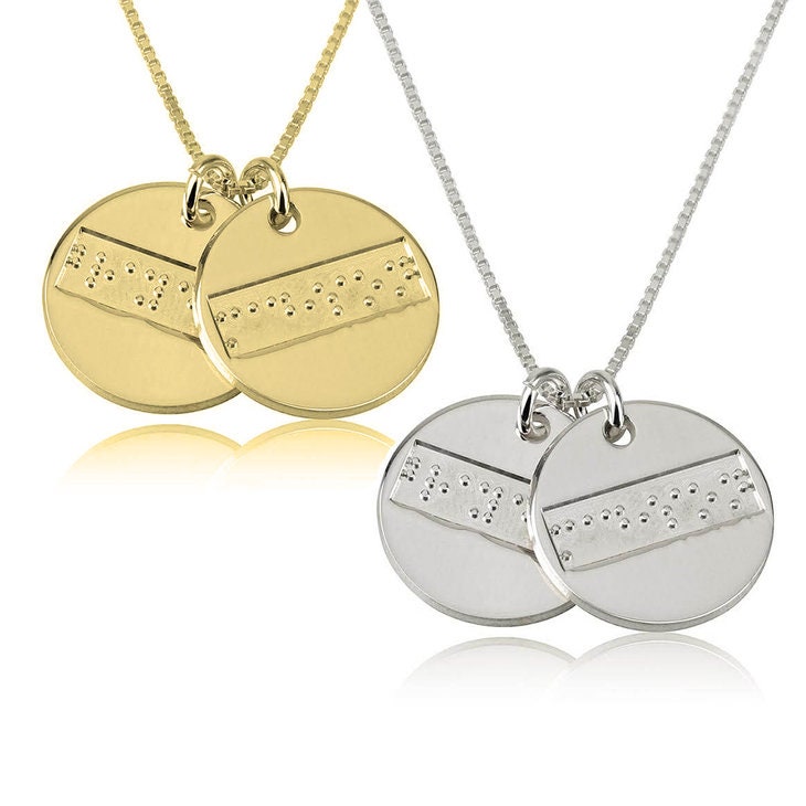 Double Discs Braille embossed Pendant Necklace in Sterling Silver,24K Gold/Rose Gold Plating,adjustable chain with clasp