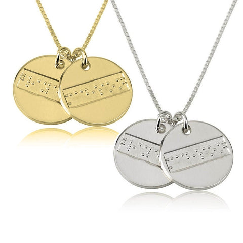 Double Discs Braille embossed Pendant Necklace in Sterling Silver,24K Gold/Rose Gold Plating,adjustable chain with clasp